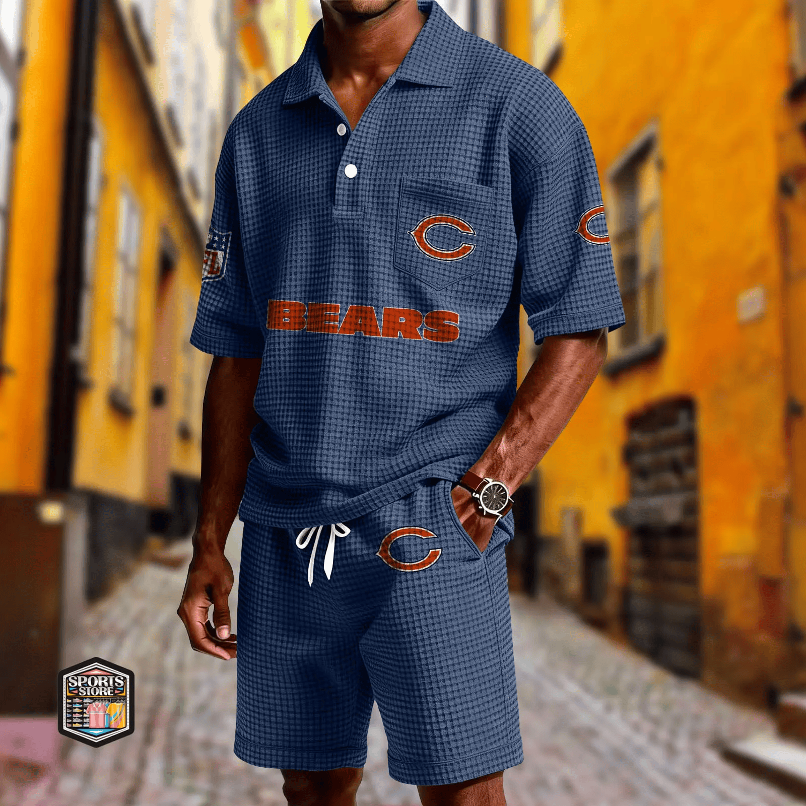 Chicago Bears Waffle Button Polo Shirt And Shorts P24B9U