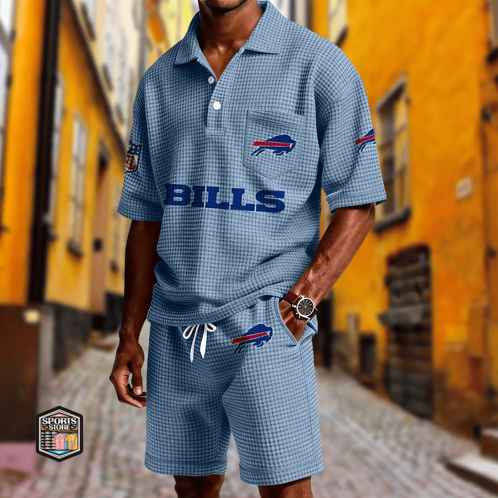 Buffalo Bills Waffle Button Polo Shirt And Shorts P65Q4S
