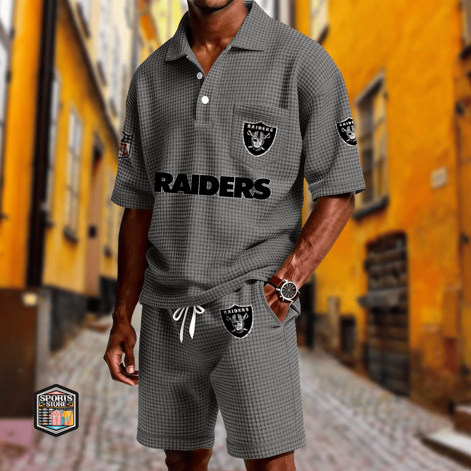Las Vegas Raiders Waffle Button Polo Shirt And Shorts PQN66A