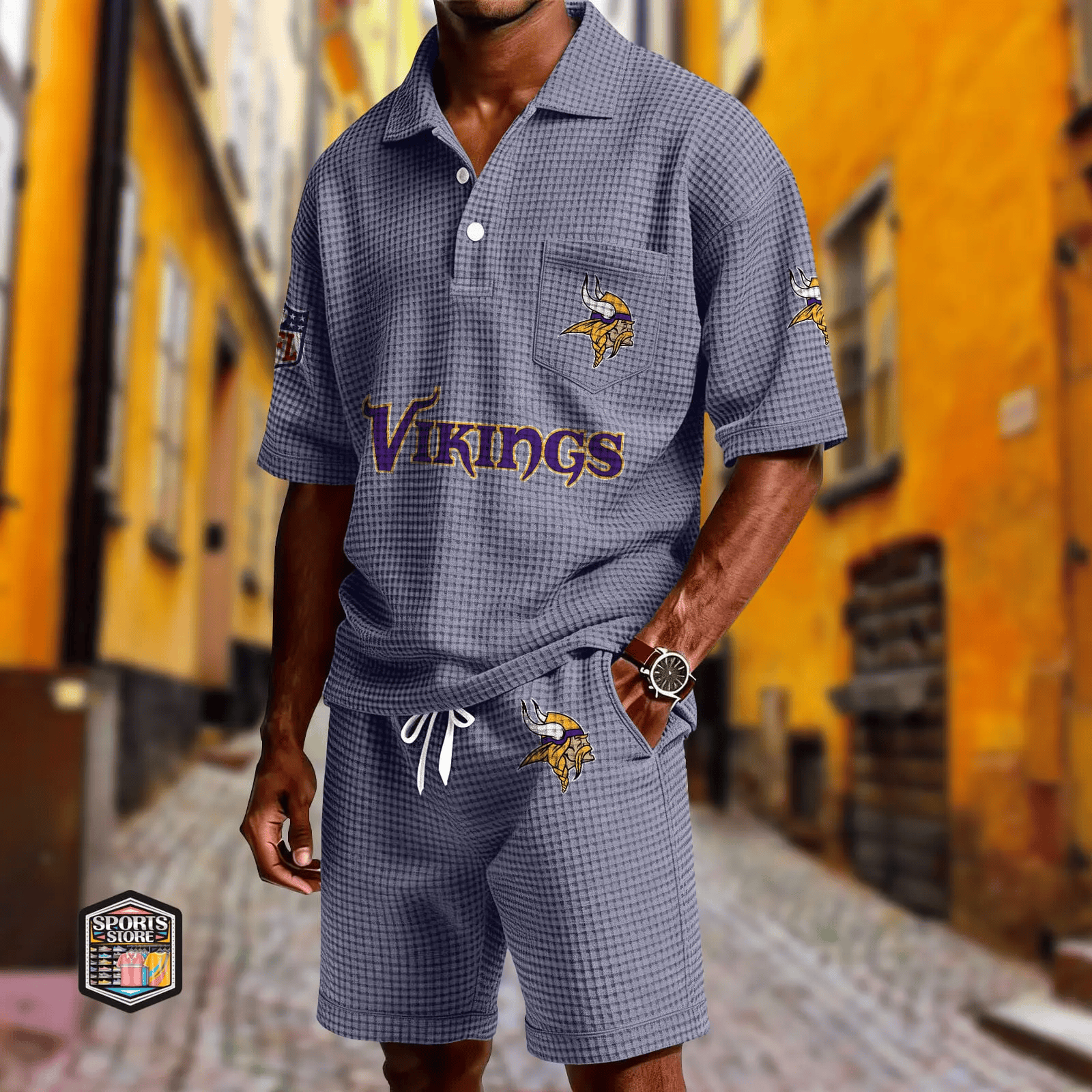 Minnesota Vikings Waffle Button Polo Shirt And Shorts P3NV5S