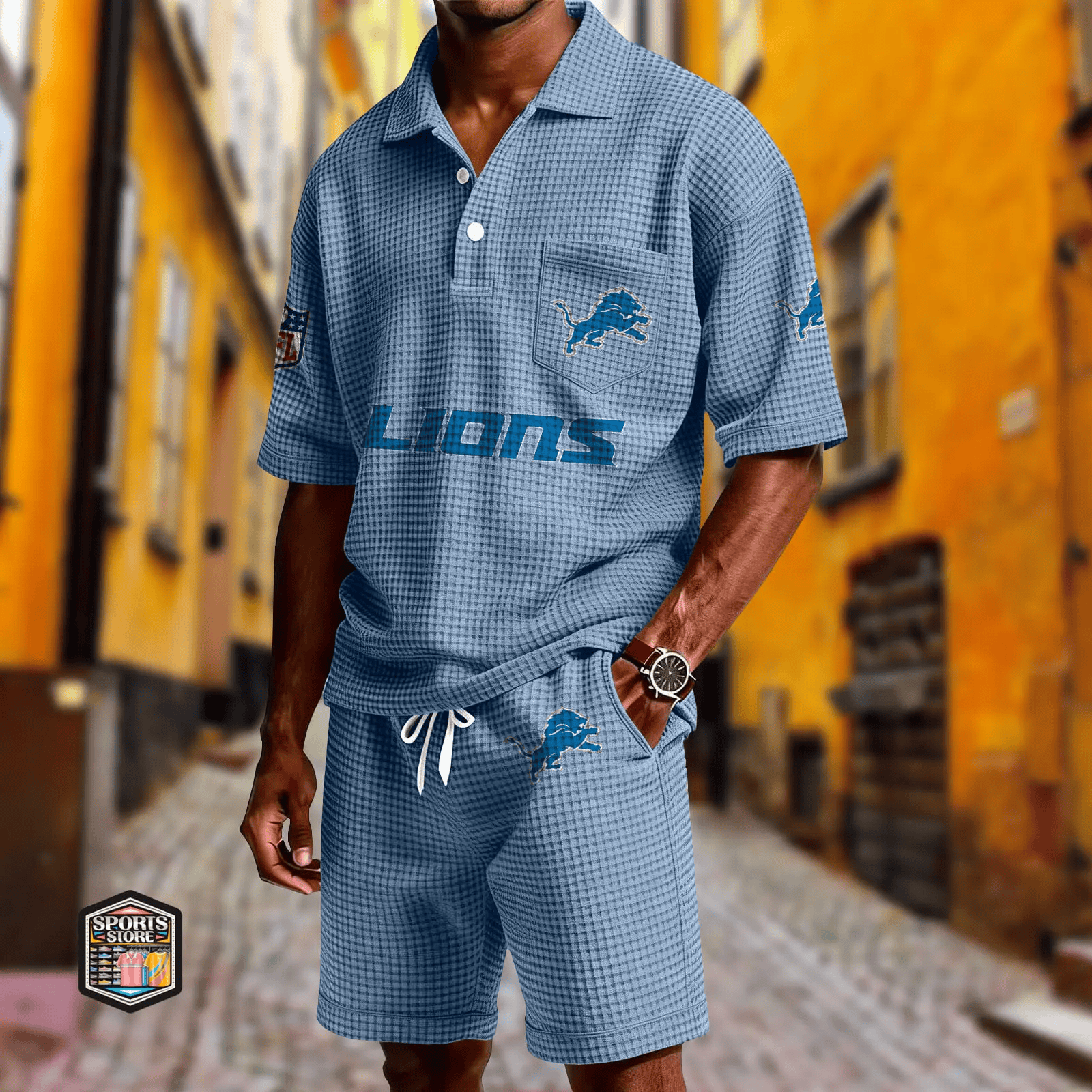 Detroit Lions Waffle Button Polo Shirt And Shorts P8L3WH