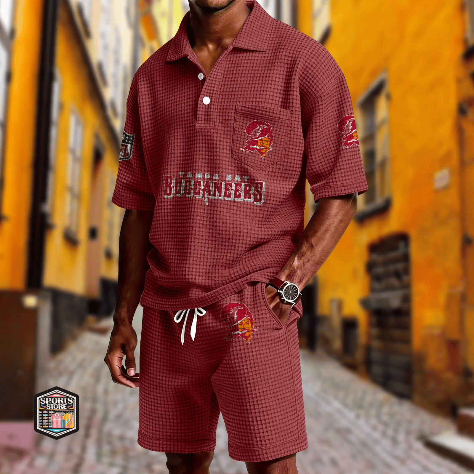 Tampa Bay Buccaneers Waffle Button Polo Shirt And Shorts PXQX3E