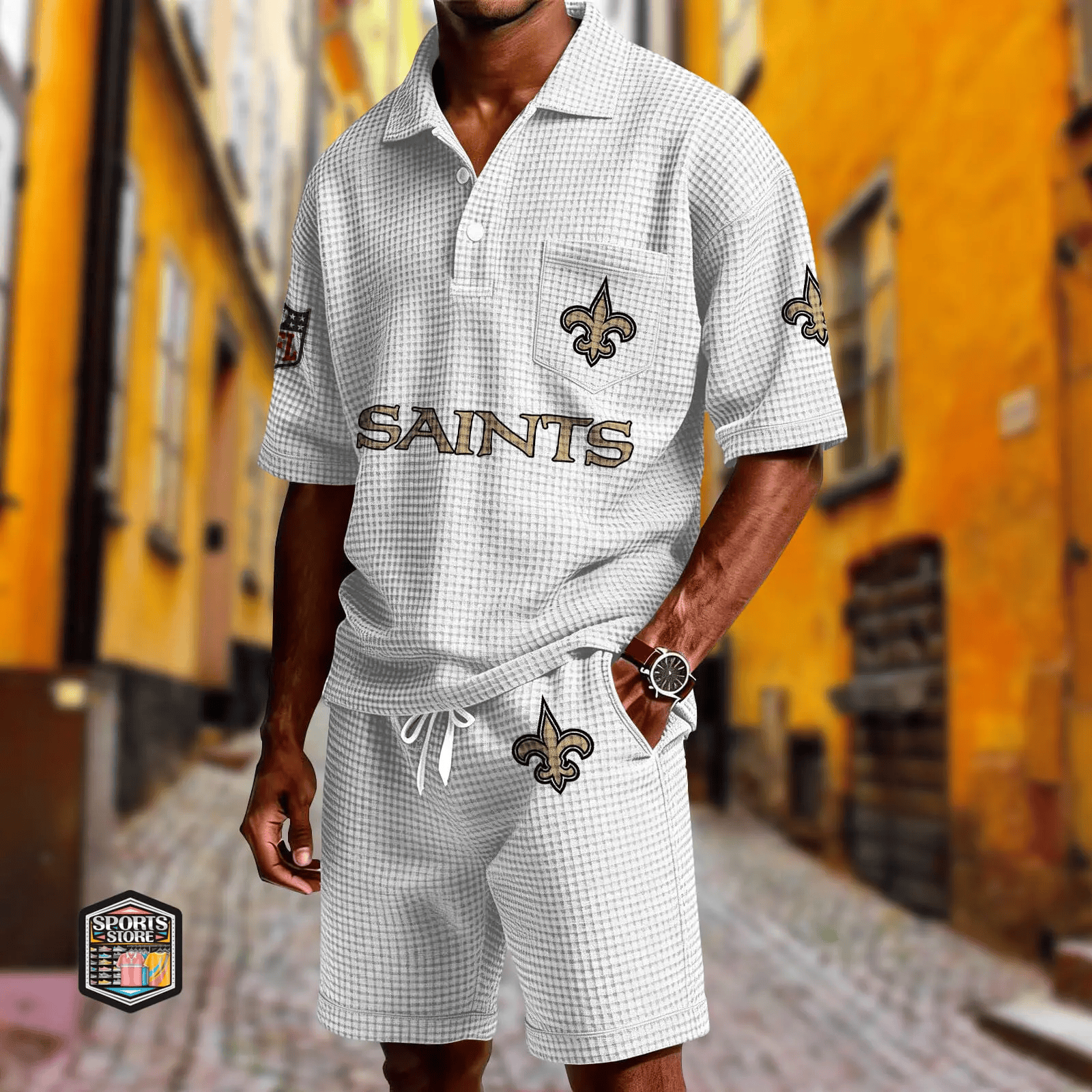 New Orleans Saints Waffle Button Polo Shirt And Shorts PKEZYA
