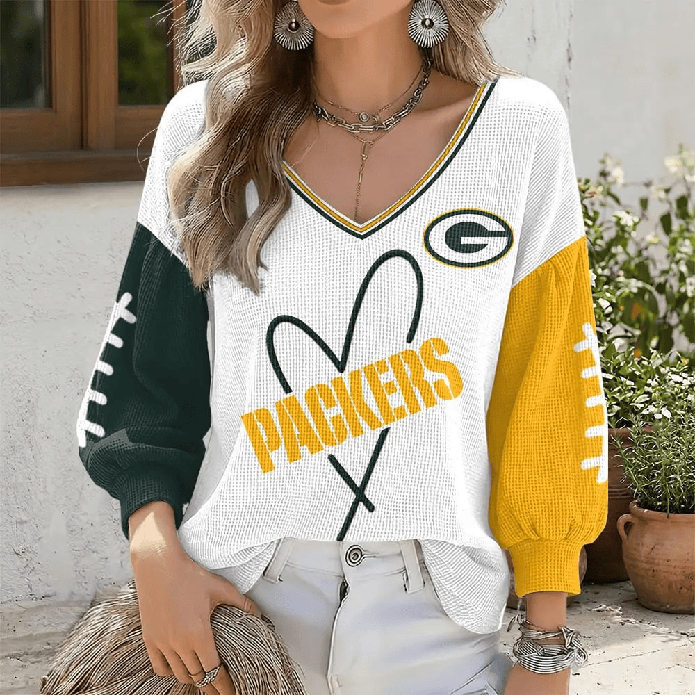 Green Bay Packers V-Neck Waffle Sweater P6QQ7E