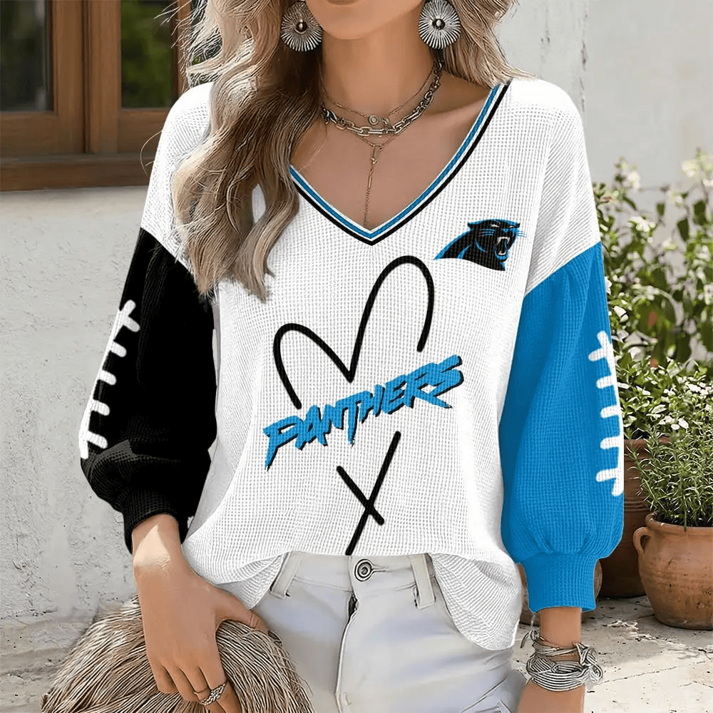 Carolina Panthers V-Neck Waffle Sweater PKWGRY
