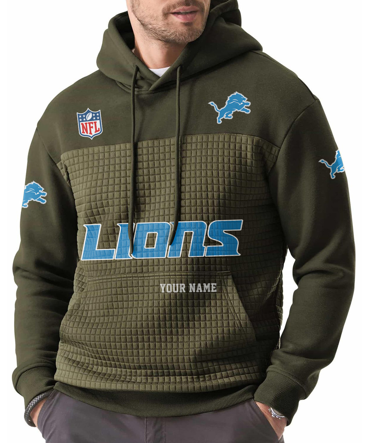 Detroit Lions Men’s Waffle Grids Patchwork Hooded PFSBV5