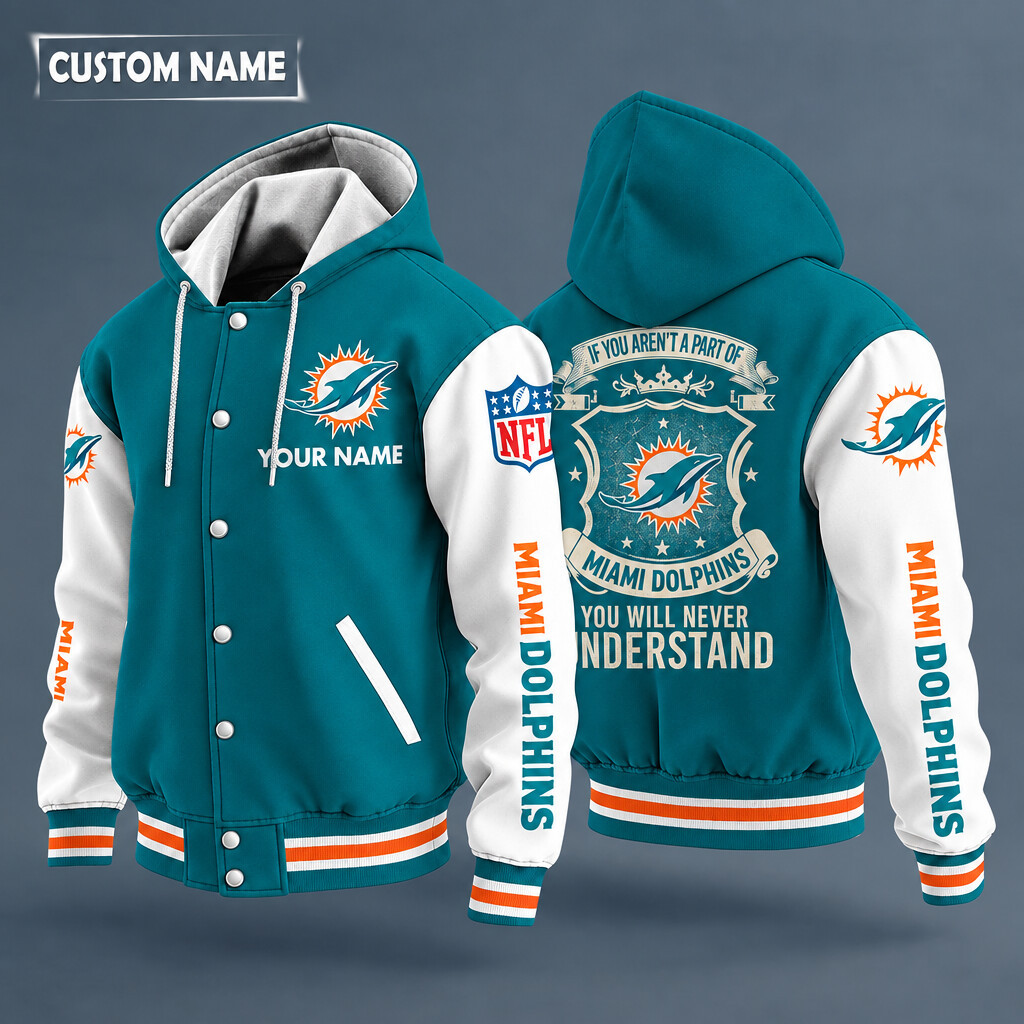 Miami Dolphins NFL Hooded Letterman Jacket Custom Name PYAJJM