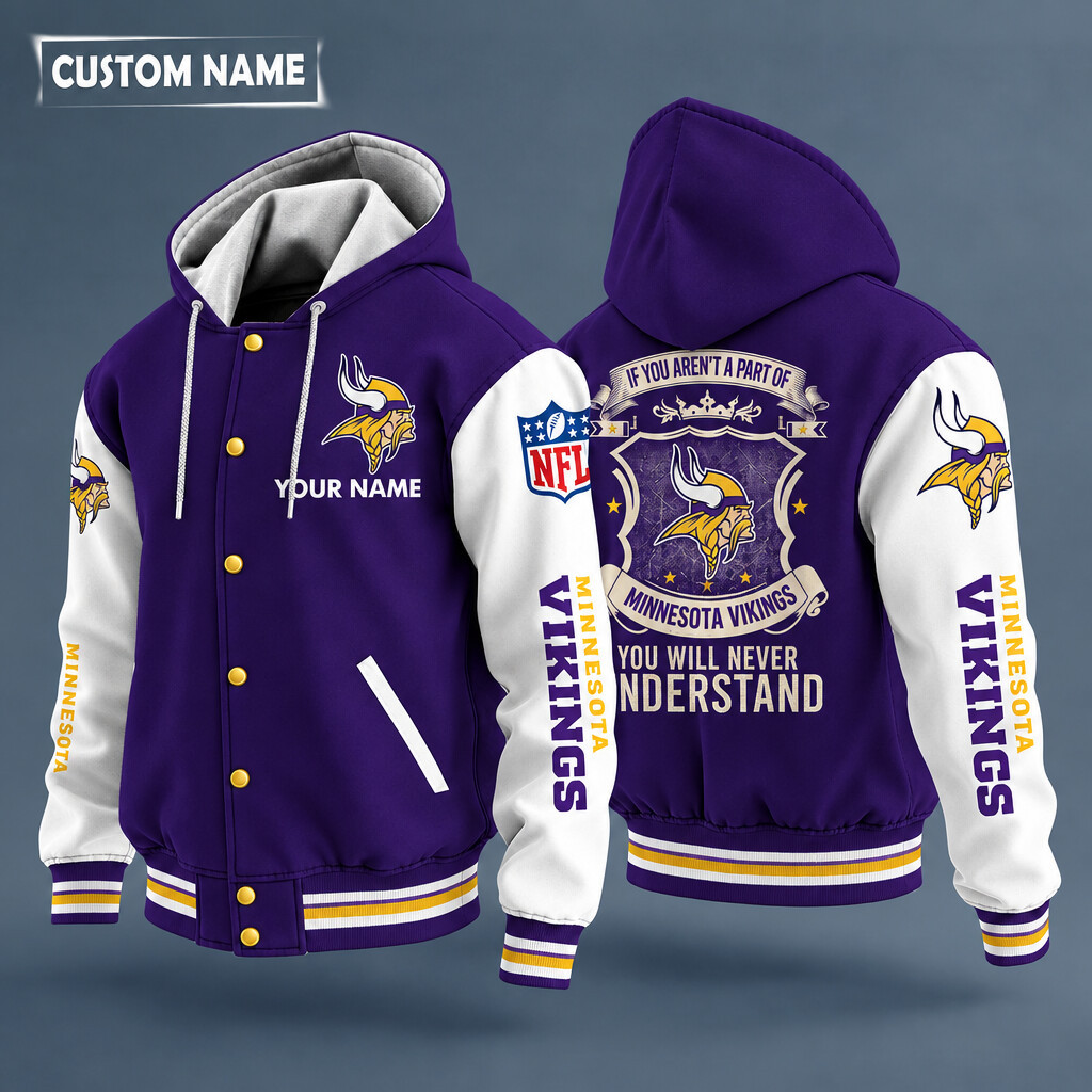 Minnesota Vikings NFL Hooded Letterman Jacket Custom Name PH9X8Q