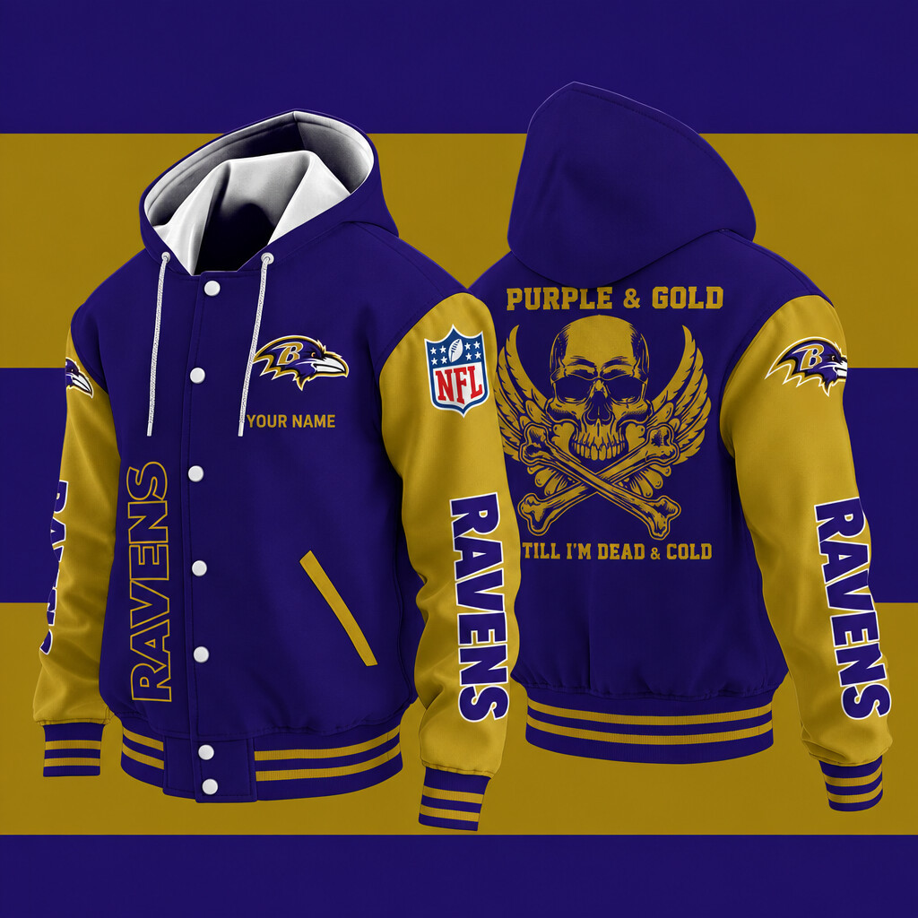 Baltimore Ravens Purple & Gold Till I'm Dead Hooded Letterman Jacket Custom Name PN8FH7