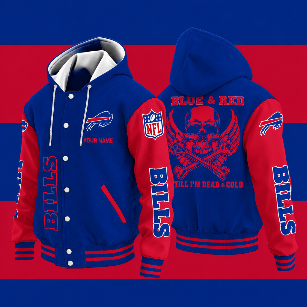 Buffalo Bills Blue & Red Till I'm Dead Hooded Letterman Jacket Custom Name PFK2CM