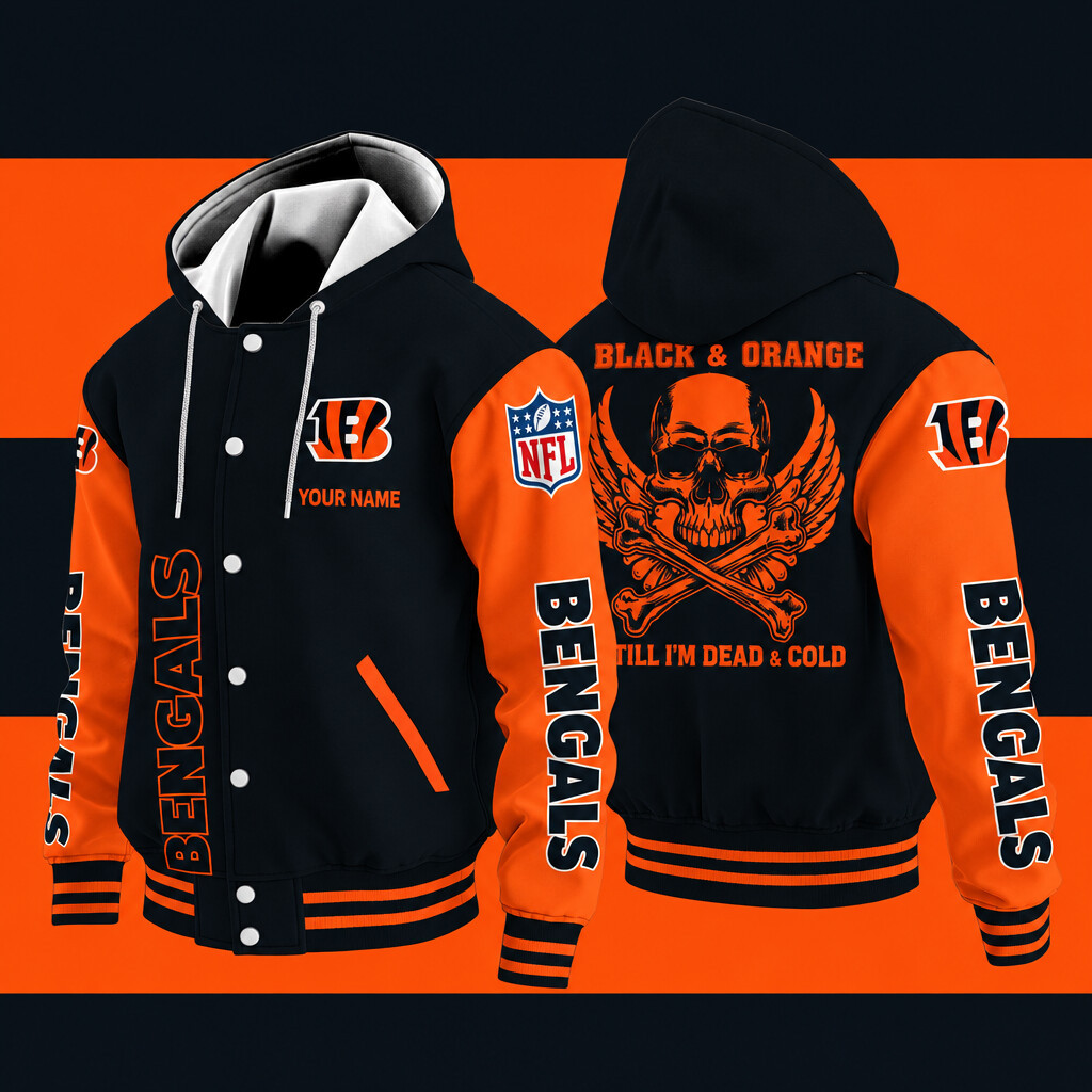 Cincinnati Bengals Black & Orange Till I'm Dead Hooded Letterman Jacket Custom Name PMN3VH
