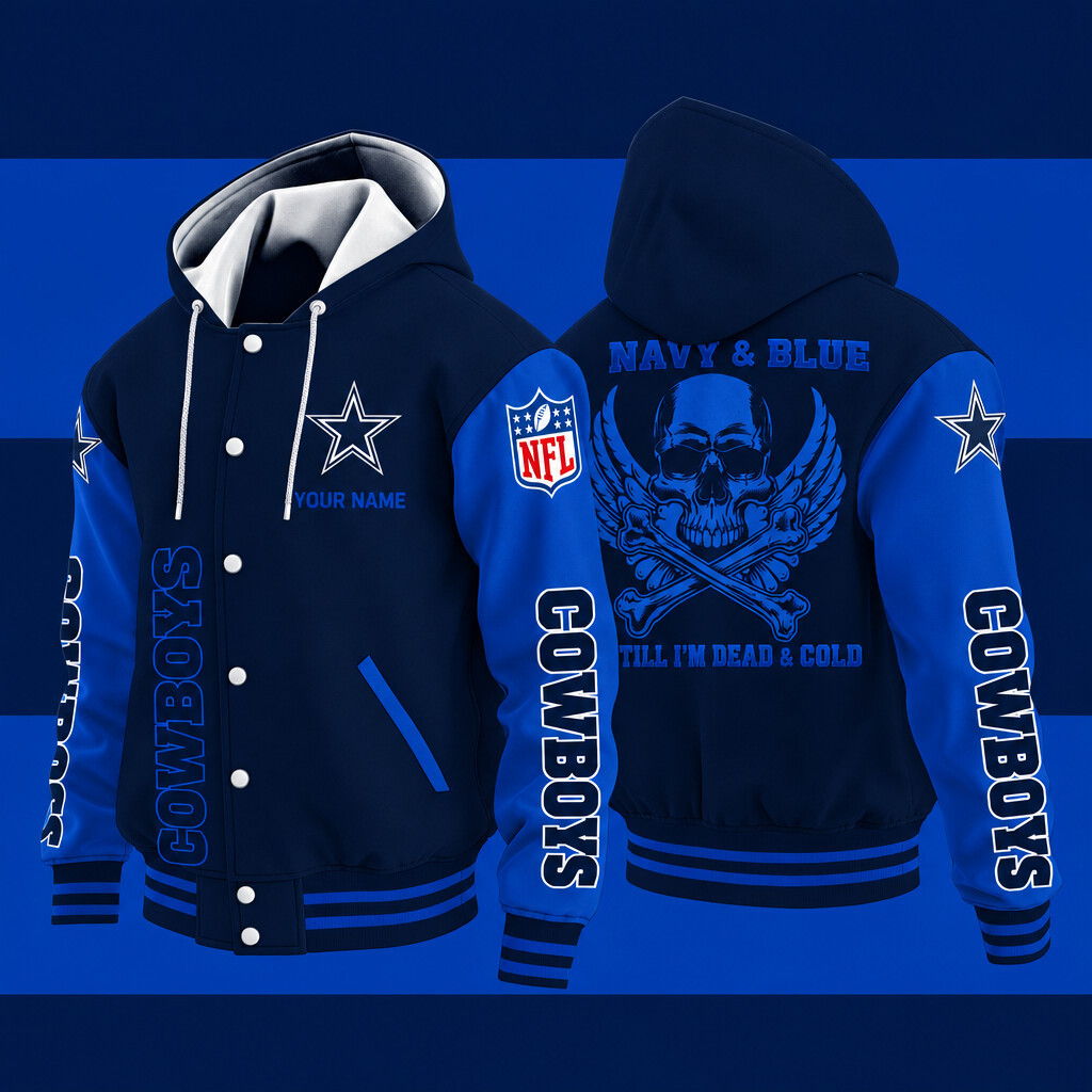 Dallas Cowboys Navy & Blue Till I'm Dead Hooded Letterman Jacket Custom Name PUDN6V