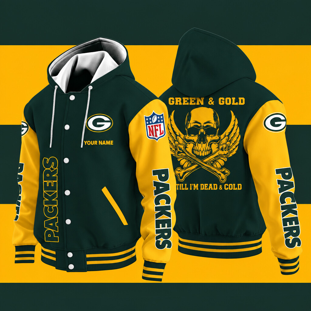 Green Bay Packers Green & Gold Till I'm Dead Hooded Letterman Jacket Custom Name PZNUXF