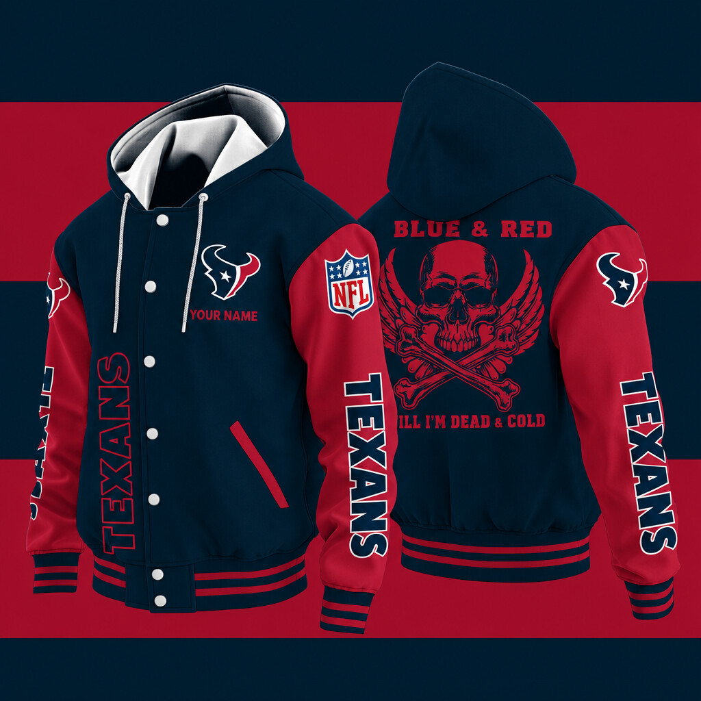 Houston Texans Blue & Red Till I'm Dead Hooded Letterman Jacket Custom Name PYWB4R