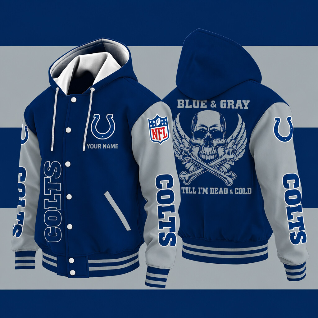 Indianapolis Colts Blue & Gray Till I'm Dead Hooded Letterman Jacket Custom Name PFAAW8