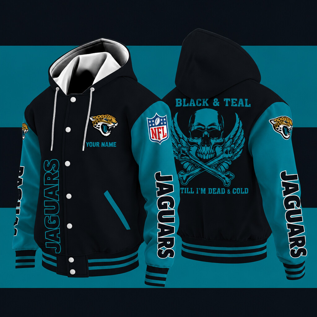 Jacksonville Jaguars Black & Teal Till I'm Dead Hooded Letterman Jacket Custom Name PENCA7