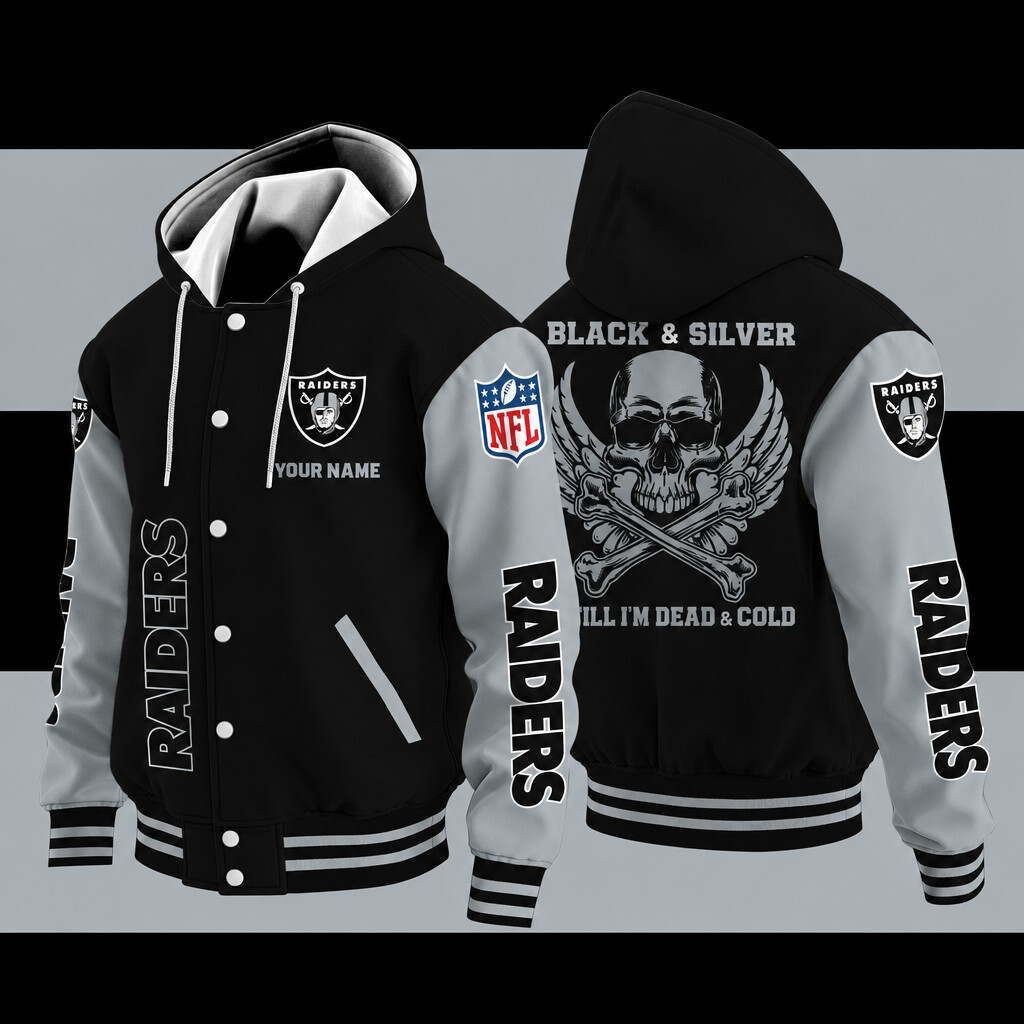 Las Vegas Raiders Black & Silver Till I'm Dead Hooded Letterman Jacket Custom Name PBR38Z