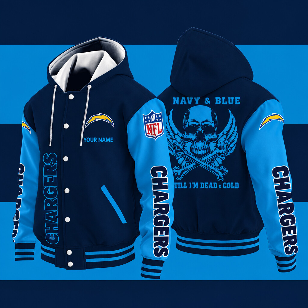 Los Angeles Chargers Navy & Blue Till I'm Dead Hooded Letterman Jacket Custom Name P3T8BW