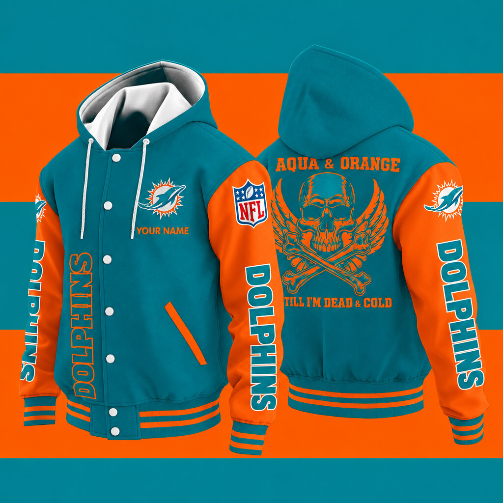 Miami Dolphins Aqua & Orange Till I'm Dead Hooded Letterman Jacket Custom Name PWELYR