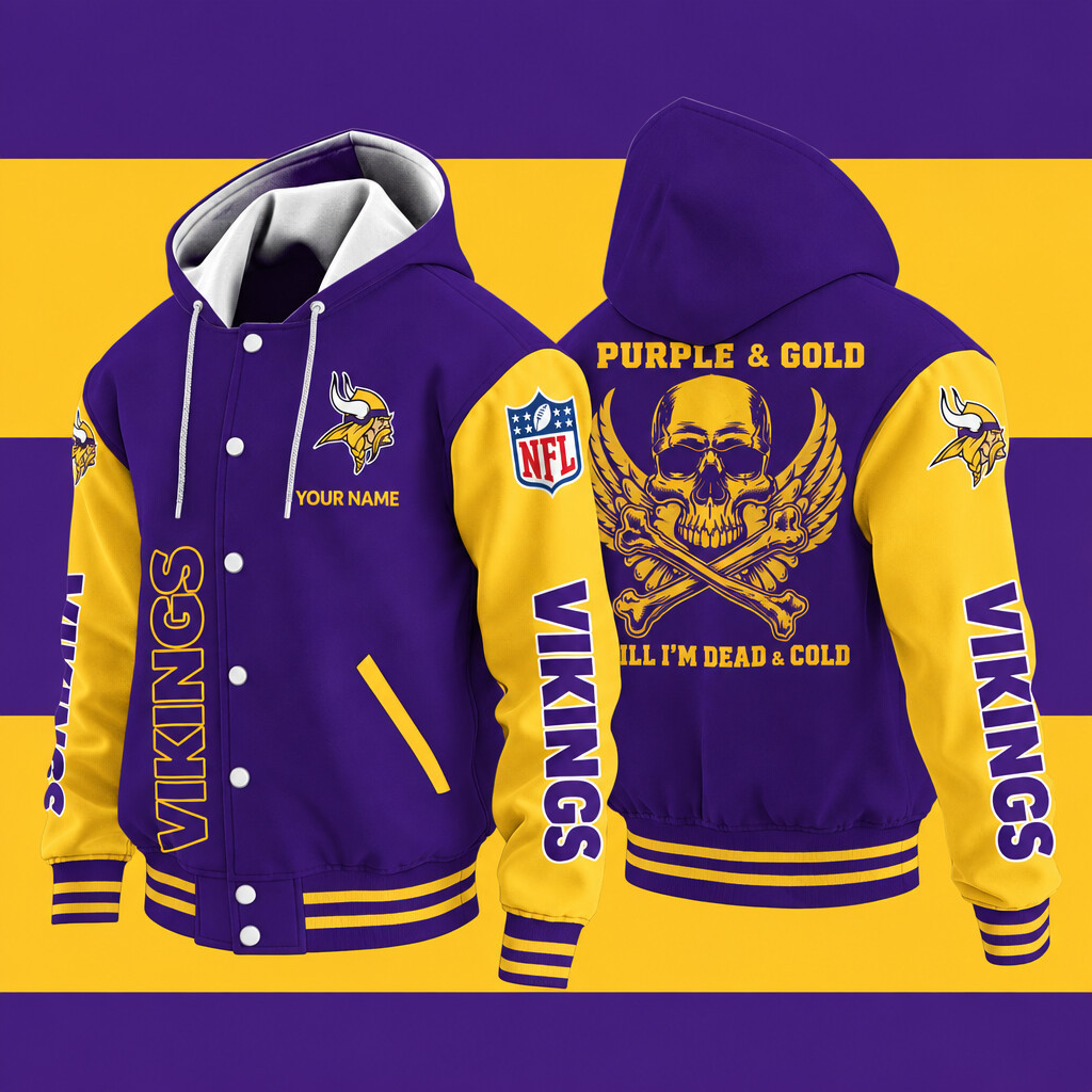 Minnesota Vikings Purple & Gold Till I'm Dead Hooded Letterman Jacket Custom Name P8Y352