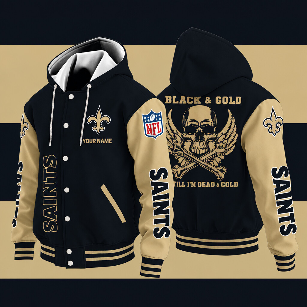 New Orleans Saints Black & Gold Till I'm Dead Hooded Letterman Jacket Custom Name PMMXVW