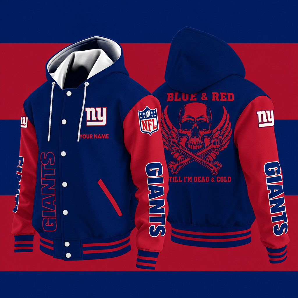 New York Giants Blue & Red Till I'm Dead Hooded Letterman Jacket Custom Name PNSA7Q