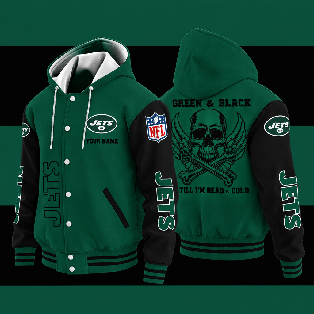 New York Jets Green & Black Till I'm Dead Hooded Letterman Jacket Custom Name PN9ZM4