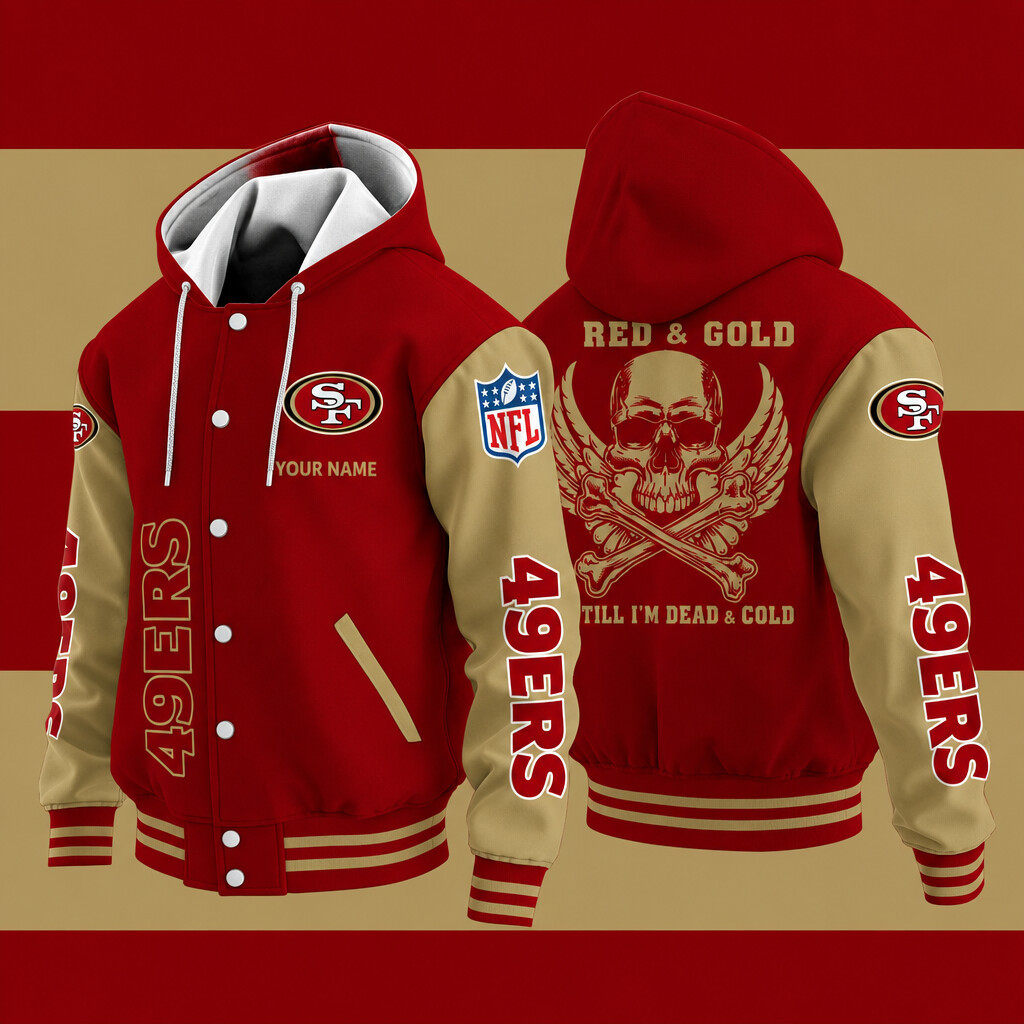 San Francisco 49ers Red & Gold Till I'm Dead Hooded Letterman Jacket Custom Name PQTXSC