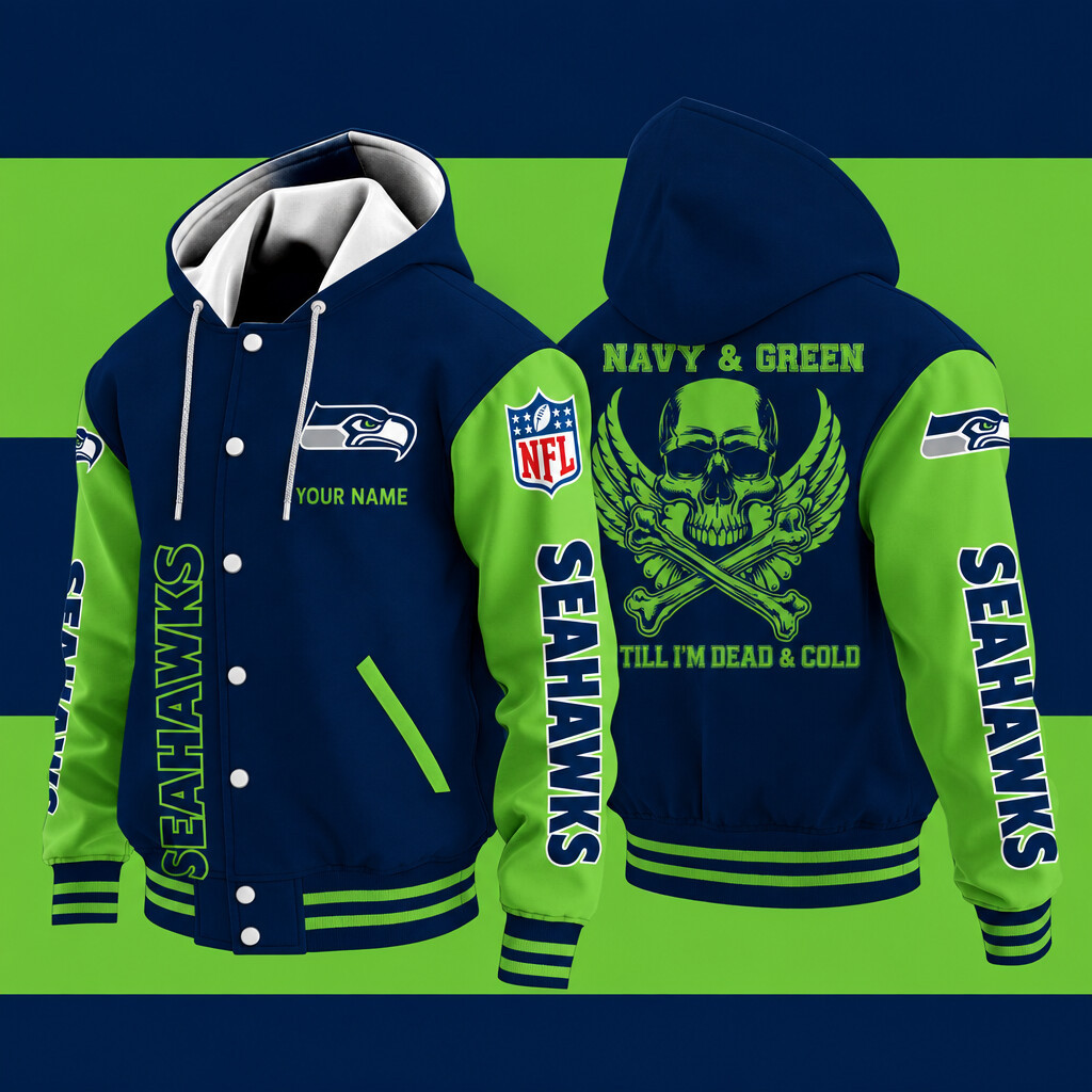 Seattle Seahawks Navy & Green Till I'm Dead Hooded Letterman Jacket Custom Name PBR3TP