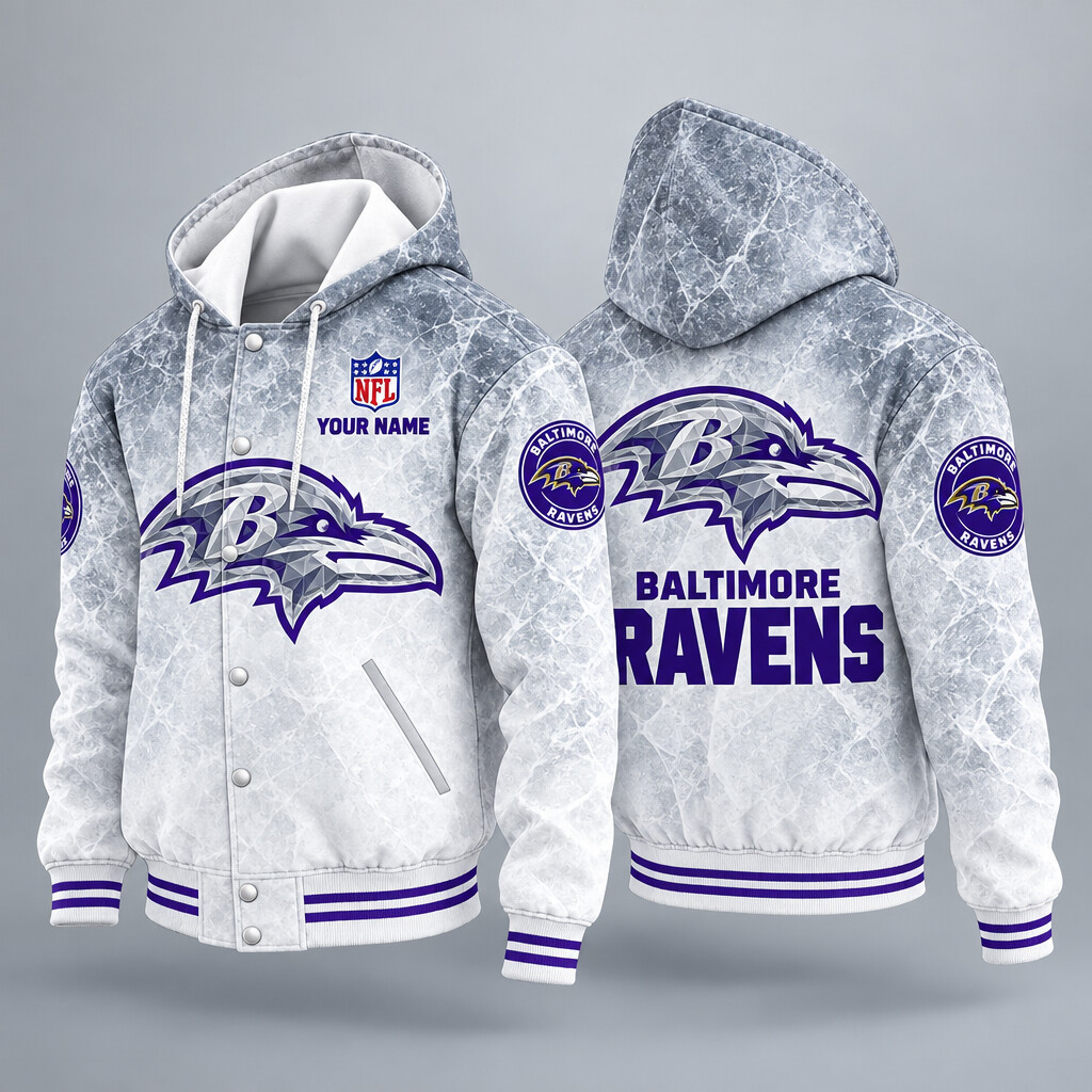 Baltimore Ravens Ice Hooded Letterman Jacket Custom Name PHUZEN