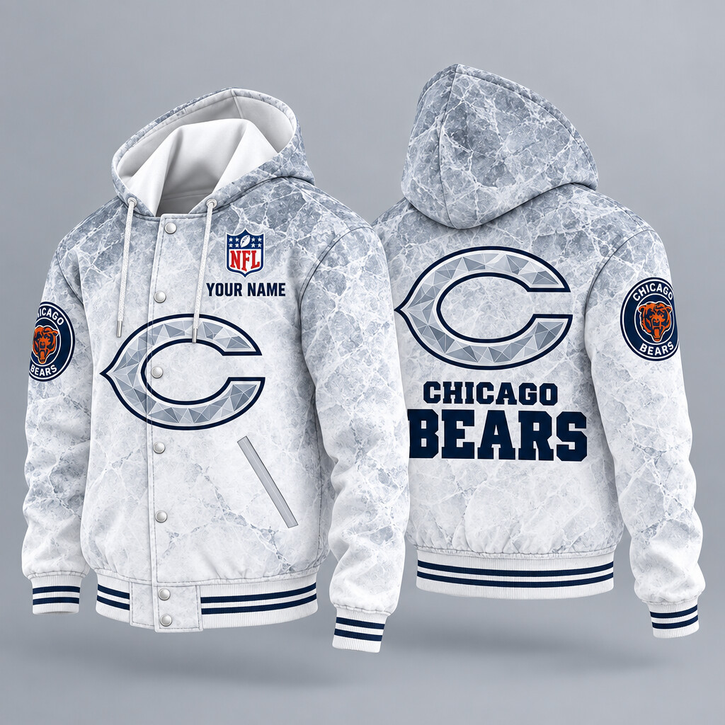 Chicago Bears Ice Hooded Letterman Jacket Custom Name PVJ5A3