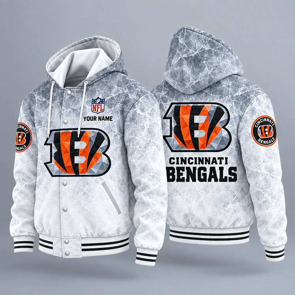 Cincinnati Bengals Ice Hooded Letterman Jacket Custom Name P88KPD
