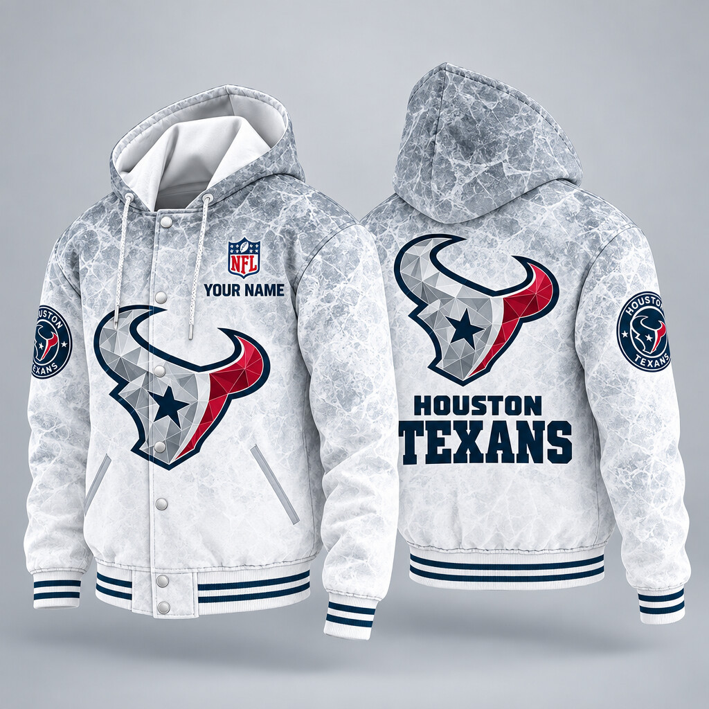Houston Texans Ice Hooded Letterman Jacket Custom Name PD7VAG