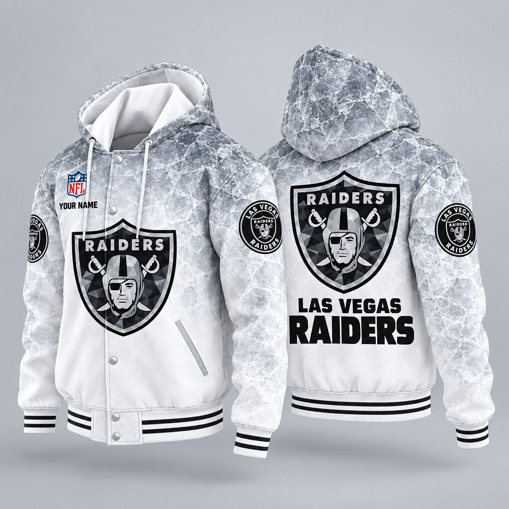 Las Vegas Raiders Ice Hooded Letterman Jacket Custom Name P3HQB9