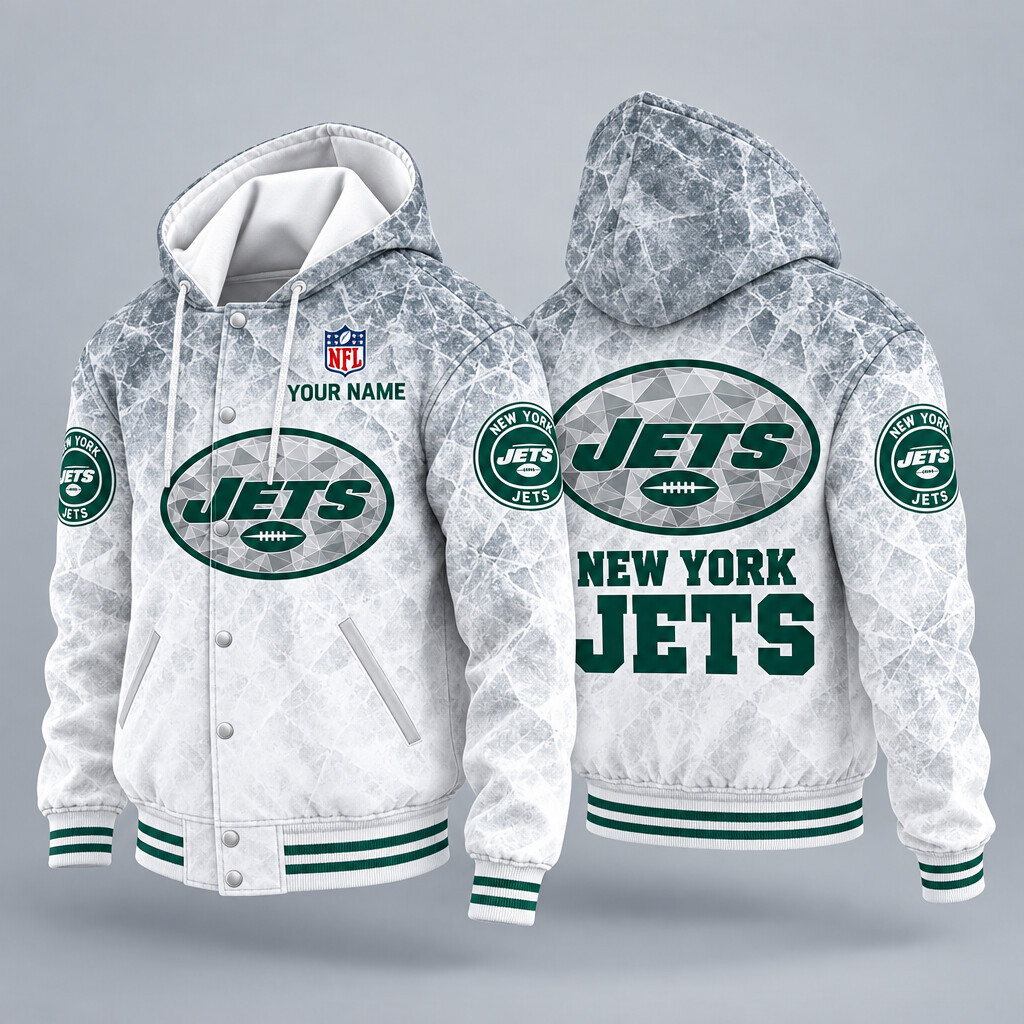 New York Jets Ice Hooded Letterman Jacket Custom Name PQT9P5