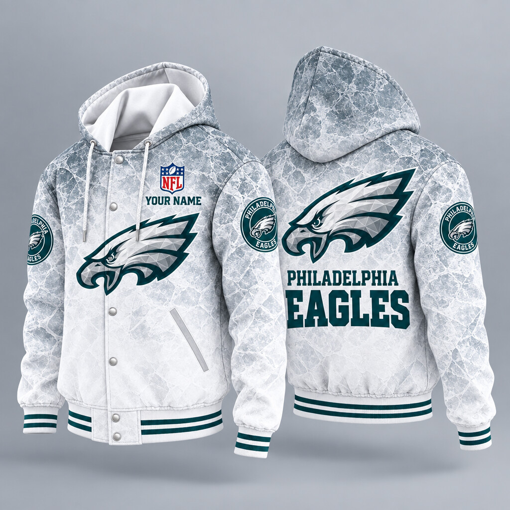 Philadelphia Eagles Ice Hooded Letterman Jacket Custom Name PWG775