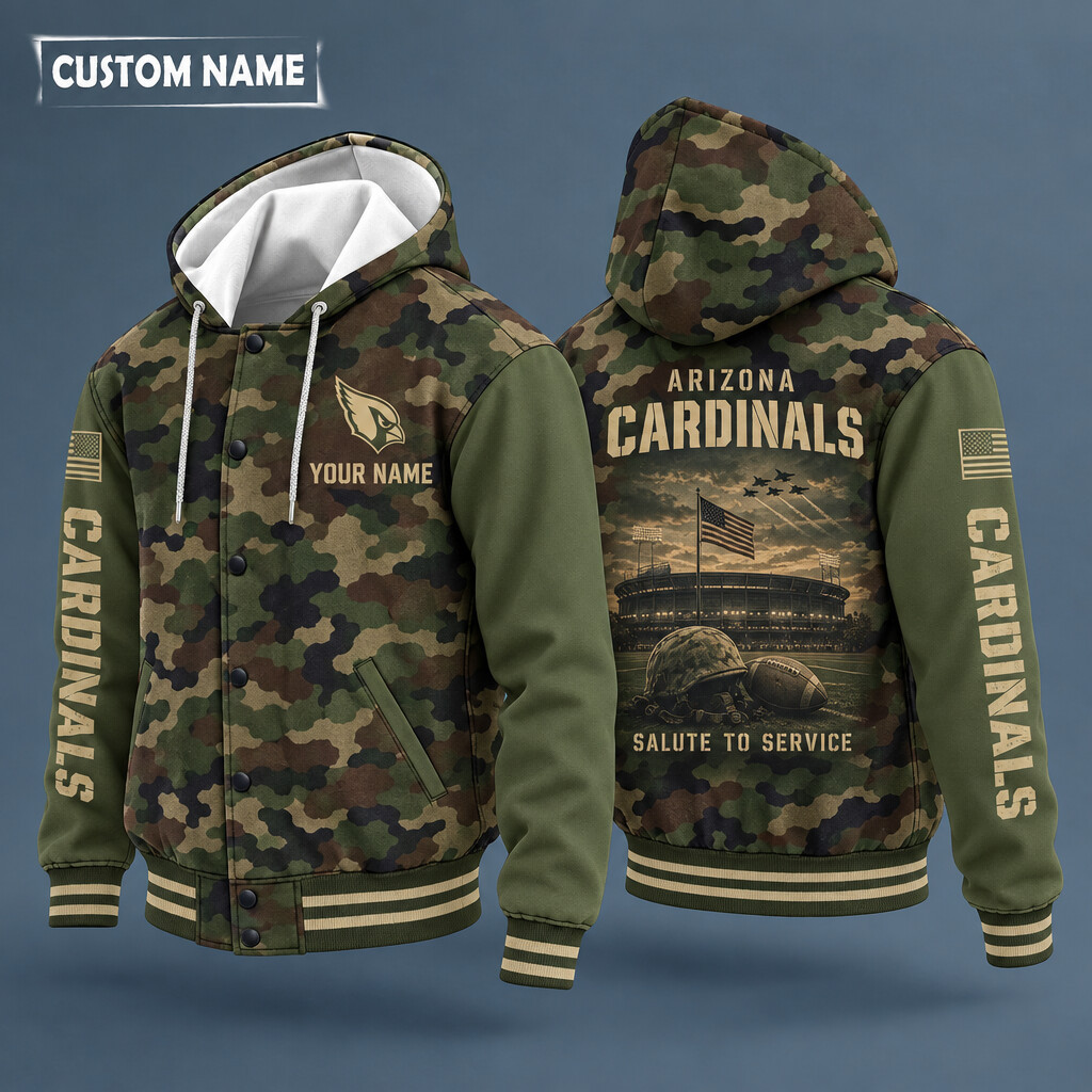 Arizona Cardinals Salute To Service Hooded Letterman Jacket Custom Name PXZLSW