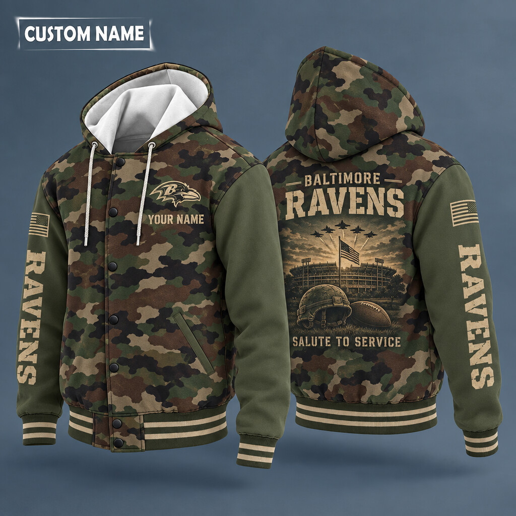 Baltimore Ravens Salute To Service Hooded Letterman Jacket Custom Name P6ORH7