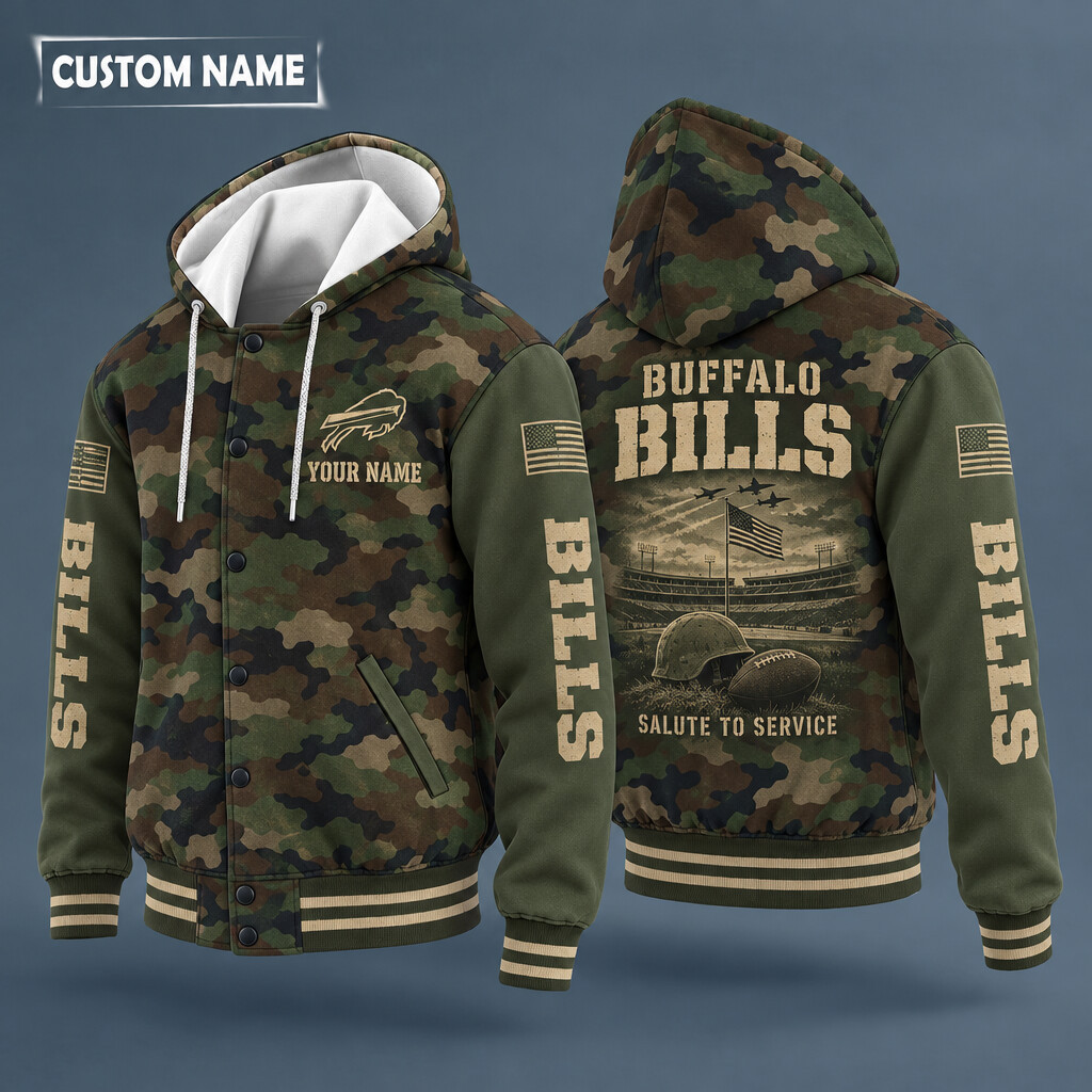 Buffalo Bills Salute To Service Hooded Letterman Jacket Custom Name P0M1NJ