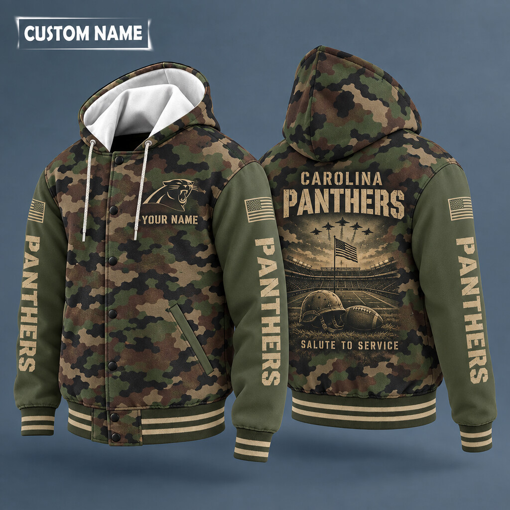 Carolina Panthers Salute To Service Hooded Letterman Jacket Custom Name PRMWF7