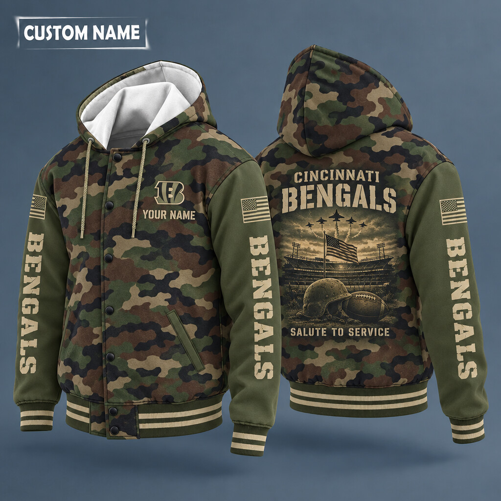 Cincinnati Bengals Salute To Service Hooded Letterman Jacket Custom Name PA87RE