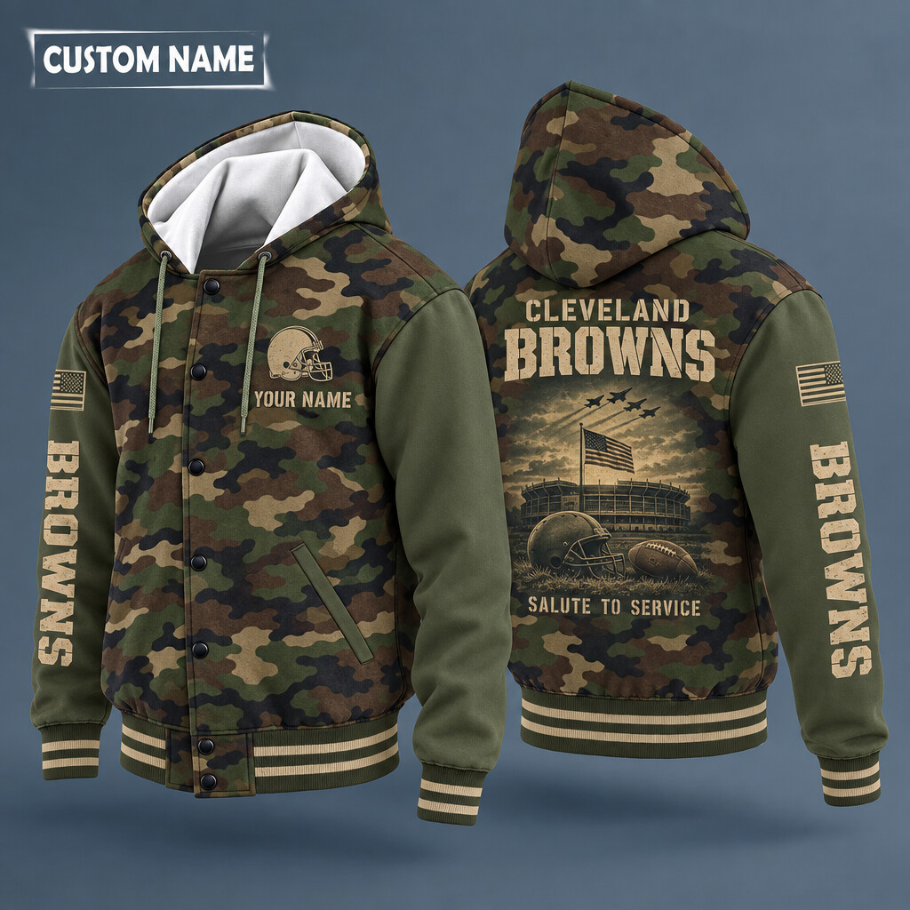 Cleveland Browns Salute To Service Hooded Letterman Jacket Custom Name P6Q65E