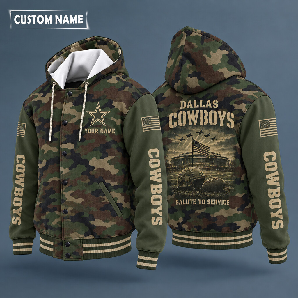Dallas Cowboys Salute To Service Hooded Letterman Jacket Custom Name PJXT2G
