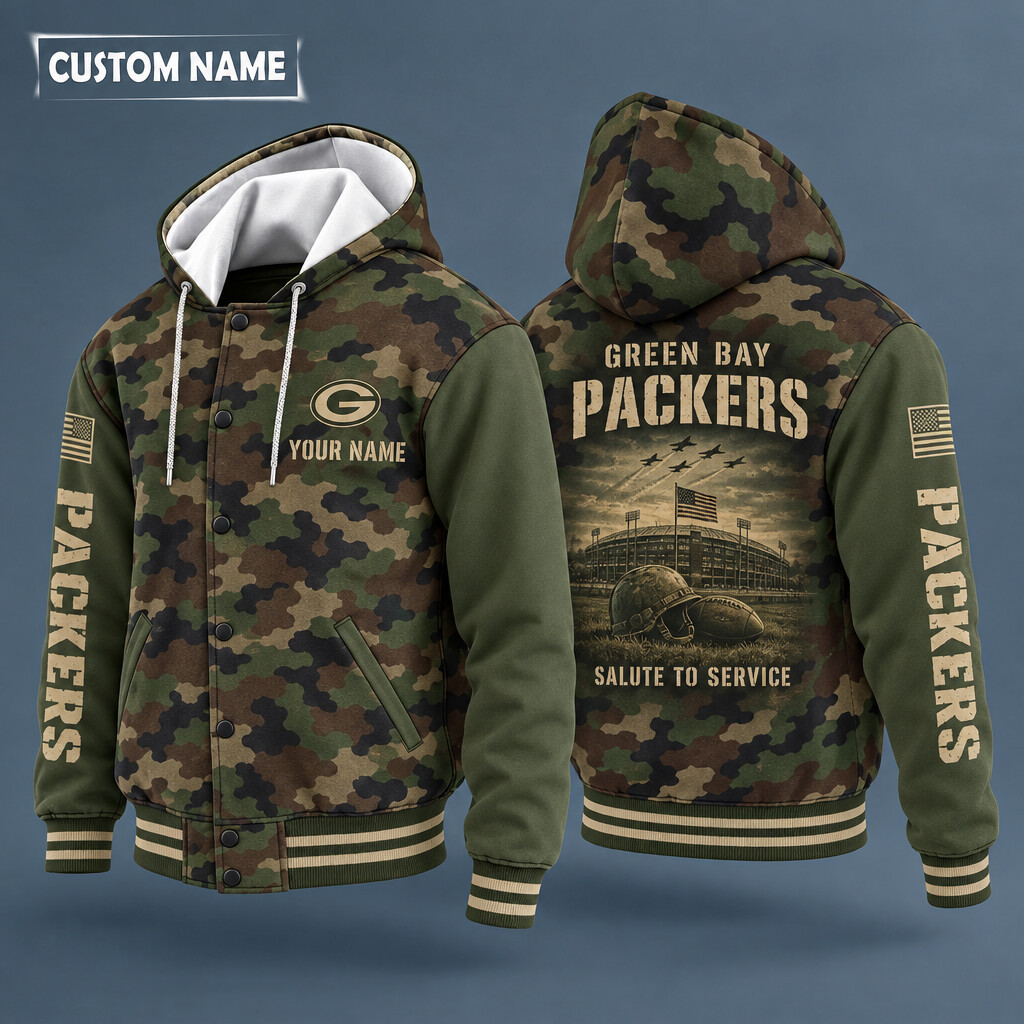 Green Bay Packers Salute To Service Hooded Letterman Jacket Custom Name PJDYZ0