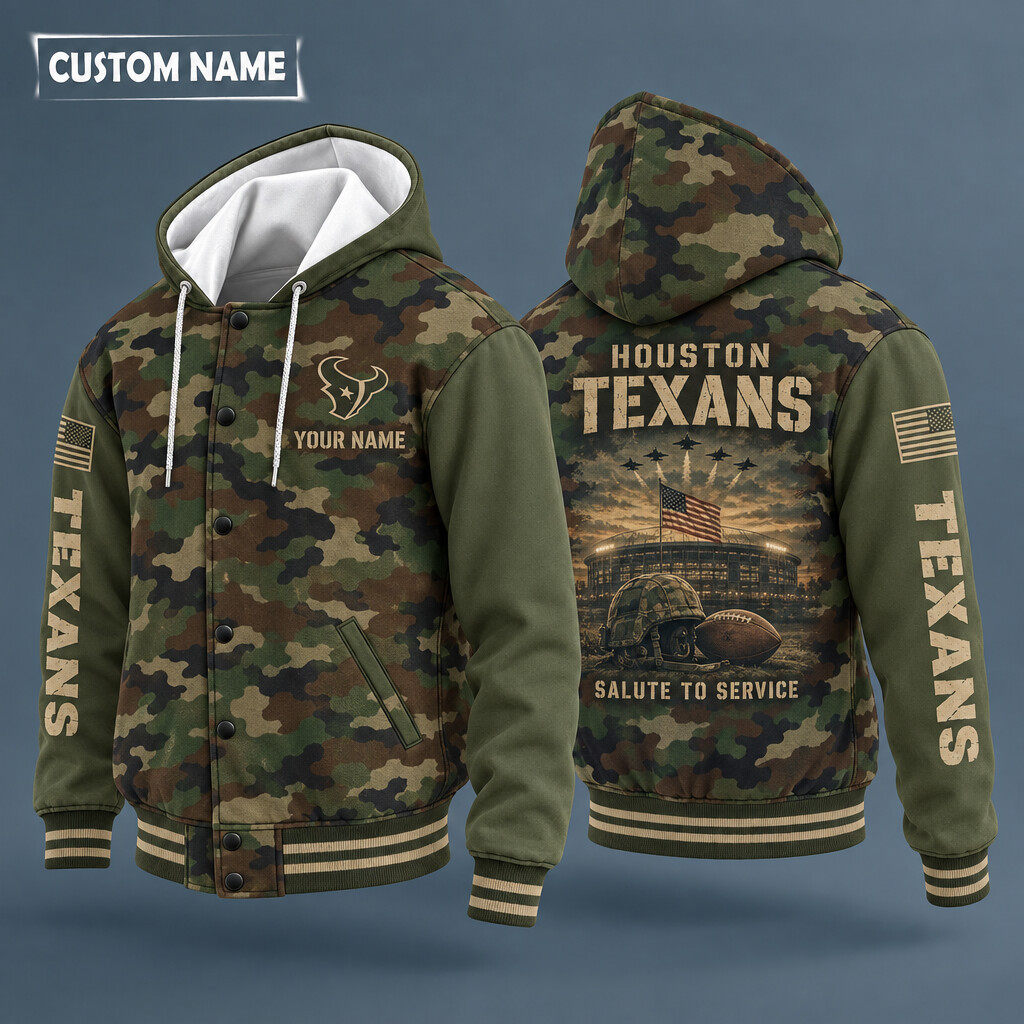 Houston Texans Salute To Service Hooded Letterman Jacket Custom Name P58RCM