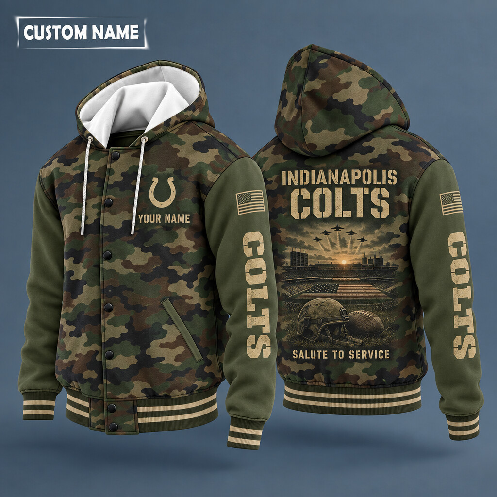 Indianapolis Colts Salute To Service Hooded Letterman Jacket Custom Name PLM2MO