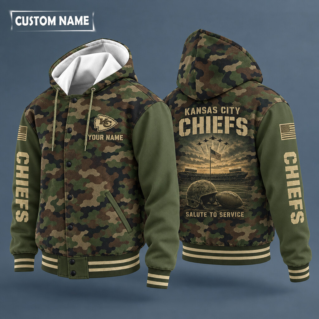 Kansas City Chiefs Salute To Service Hooded Letterman Jacket Custom Name PIMV5W