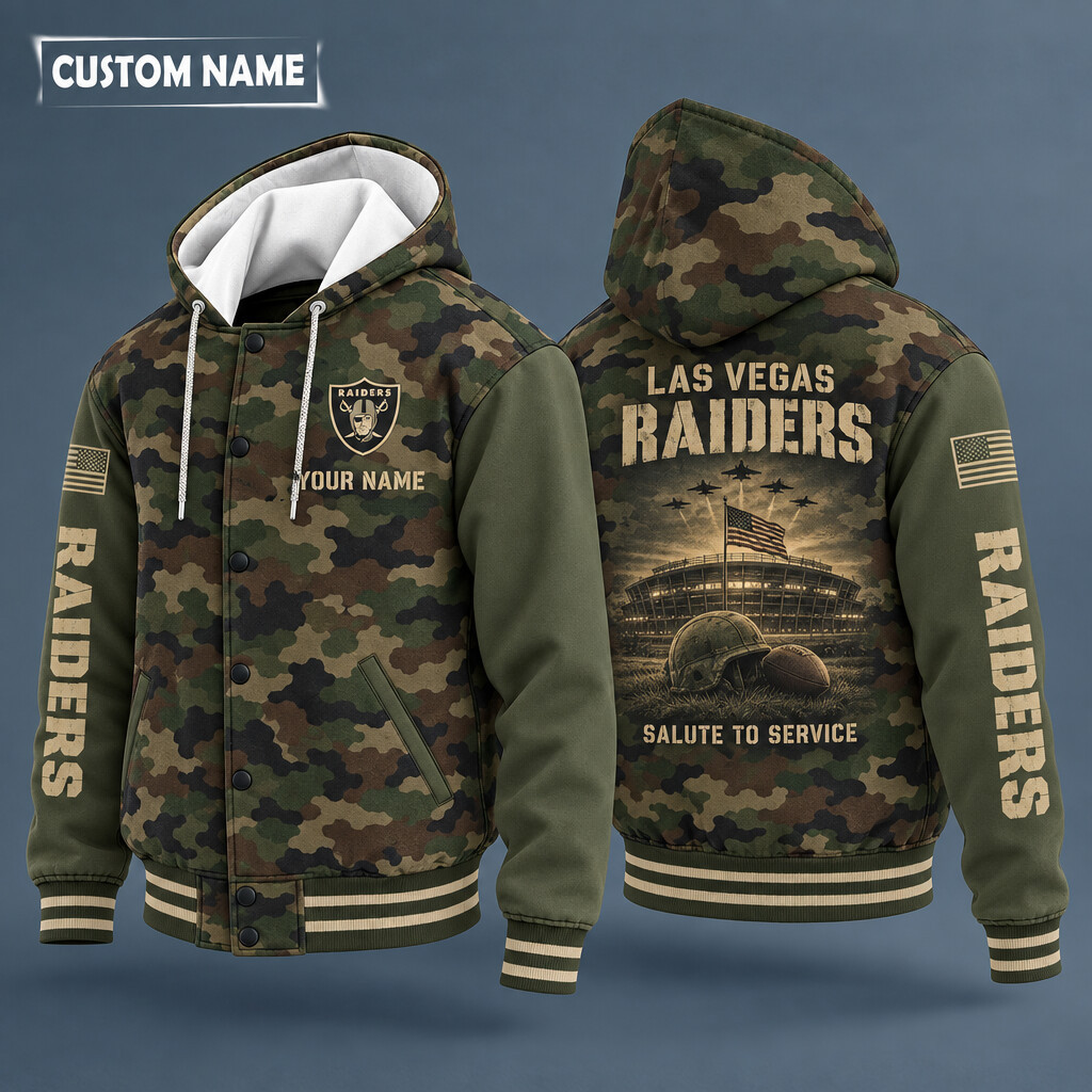 Las Vegas Raiders Salute To Service Hooded Letterman Jacket Custom Name POCWNX