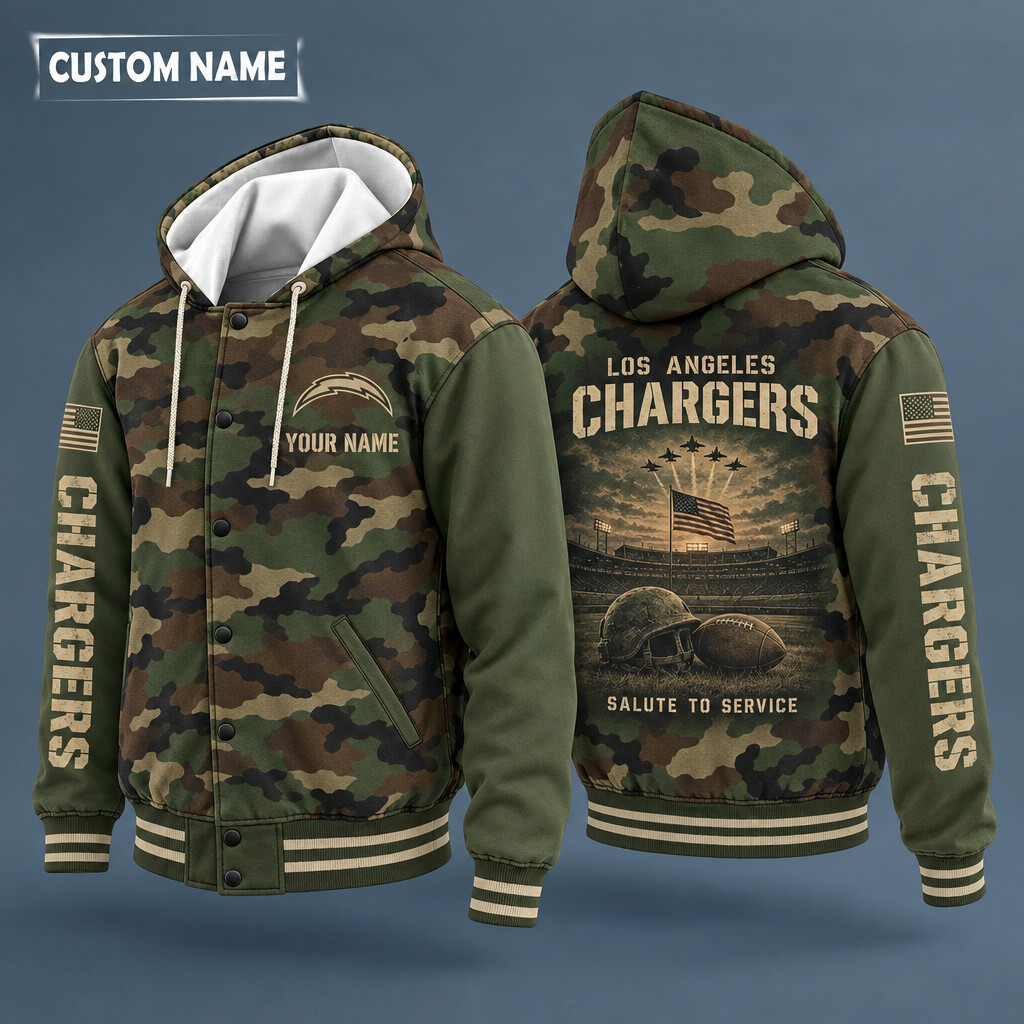 Los Angeles Chargers Salute To Service Hooded Letterman Jacket Custom Name P1IV2L