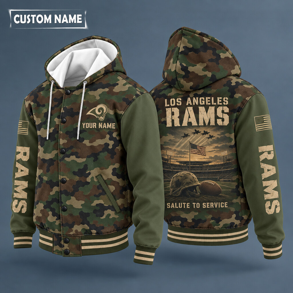 Los Angeles Rams Salute To Service Hooded Letterman Jacket Custom Name PAOJFQ